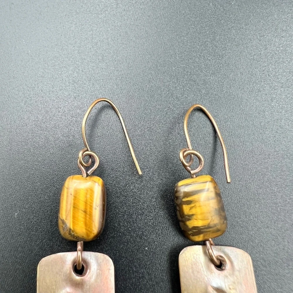 Handmade Copper Tigers Eye Dangle‎ Earrings Rectangle Hammered 3.25